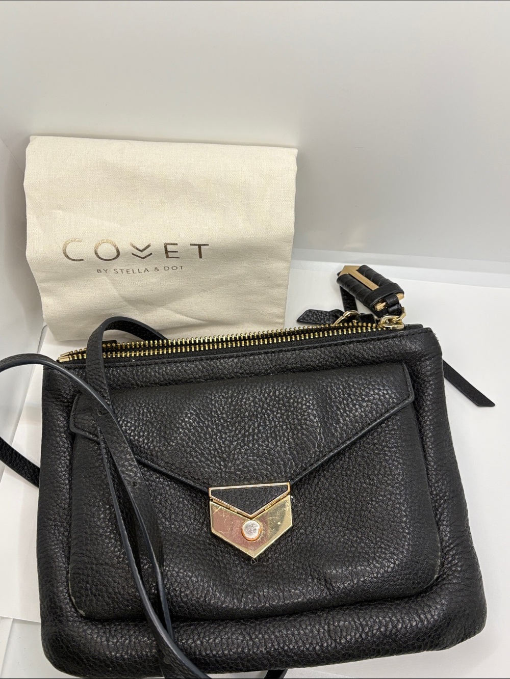 Stella & Dot Covet Black Pebbled Leather Double Zip Crossbody Wallet used